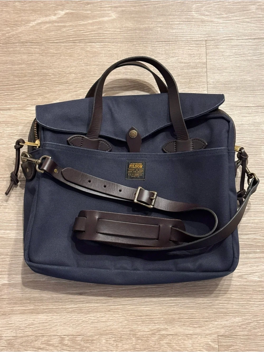 Filson Navy and Dark Brown Leather Laptop Briefcase